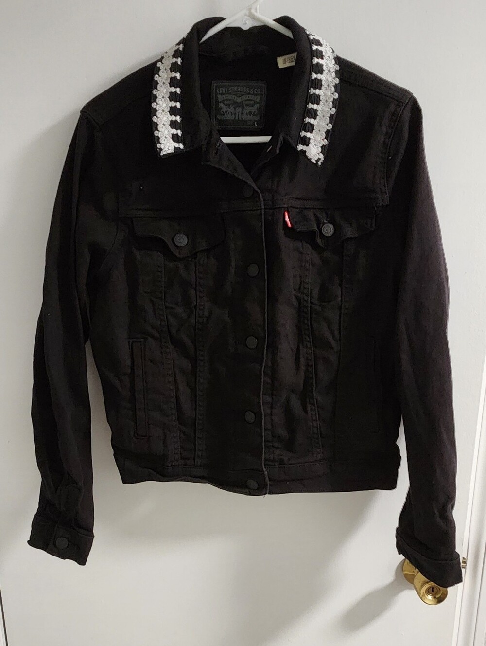 Upcycled Levi's Women's Black Denim Jacket with White And Black Pattern, Size L